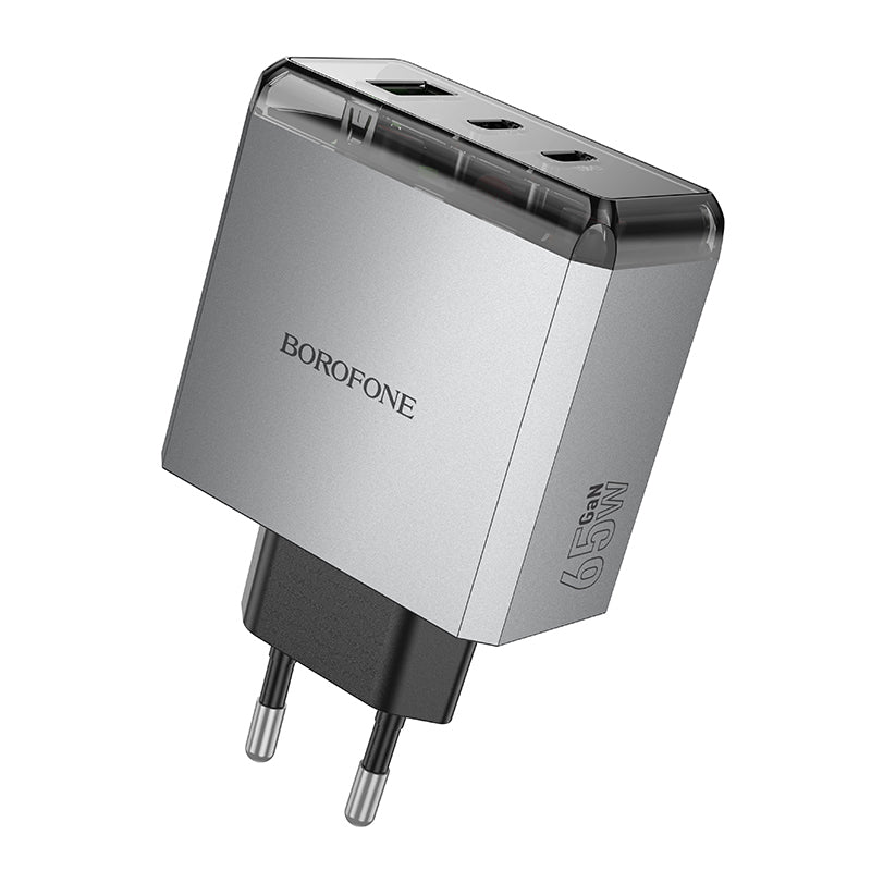 Borofone – Заряден адаптер – BN22 Lena – GaN 2xType-C + USB QC 3.0 PD 65W – Сив
