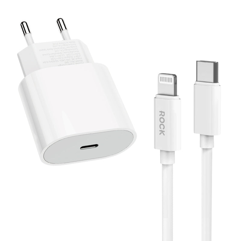 Rock – Заряден адаптер – T18 Sugar Cube Series – GaN Type-C QC 3.0 PD 20W z – Кабел Type-C→Lightning – Бяло