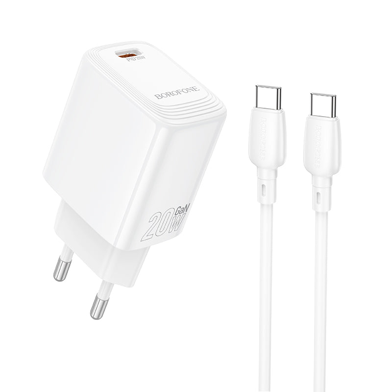 Borofone – Заряден адаптер – BN26 Fuente Type-C PD 20W – Кабел Type-C към Type-C – Бял