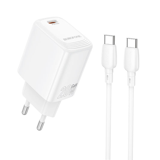 Borofone – Заряден адаптер – BN26 Fuente Type-C PD 20W – Кабел Type-C към Type-C – Бял
