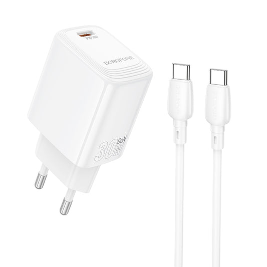 Borofone – Заряден адаптер – BN28 Fuente Type-C PD 30W – Кабел Type-C na Type-C – Бял