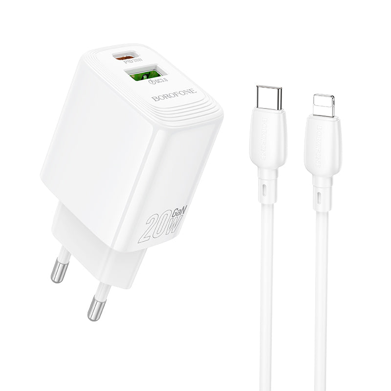 Borofone – Заряден адаптер – BN27 Fuente USB + Type-C QC 3.0 PD 20W – Кабел Type-C към Lightning – Бял