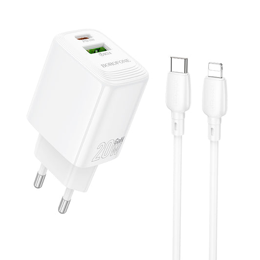 Borofone – Заряден адаптер – BN27 Fuente USB + Type-C QC 3.0 PD 20W – Кабел Type-C към Lightning – Бял