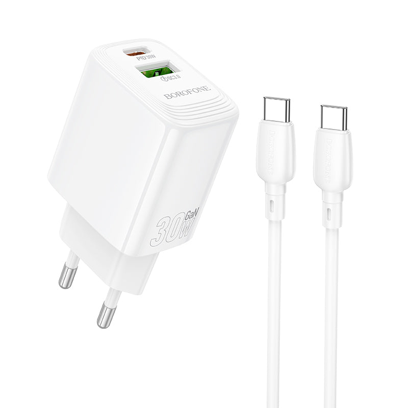 Borofone – Заряден адаптер – BN29 Fuente USB + Type-C QC 3.0 PD 30W – Кабел Type-C към Type-C – Бял