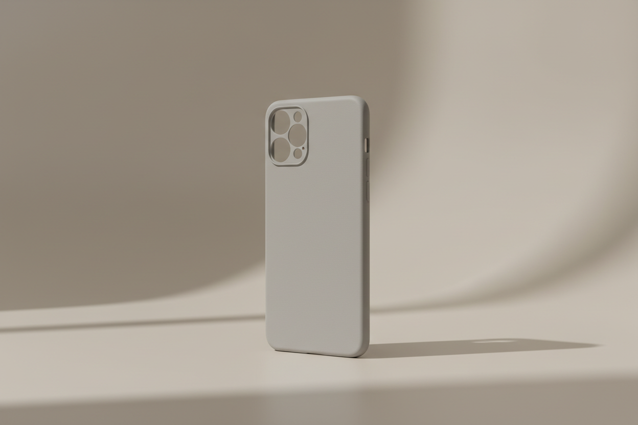 Side profile view of a slim smartphone case, minimalistic composition, soft shadows, neutral background, premium product photography, Apple-style, realistic proportions