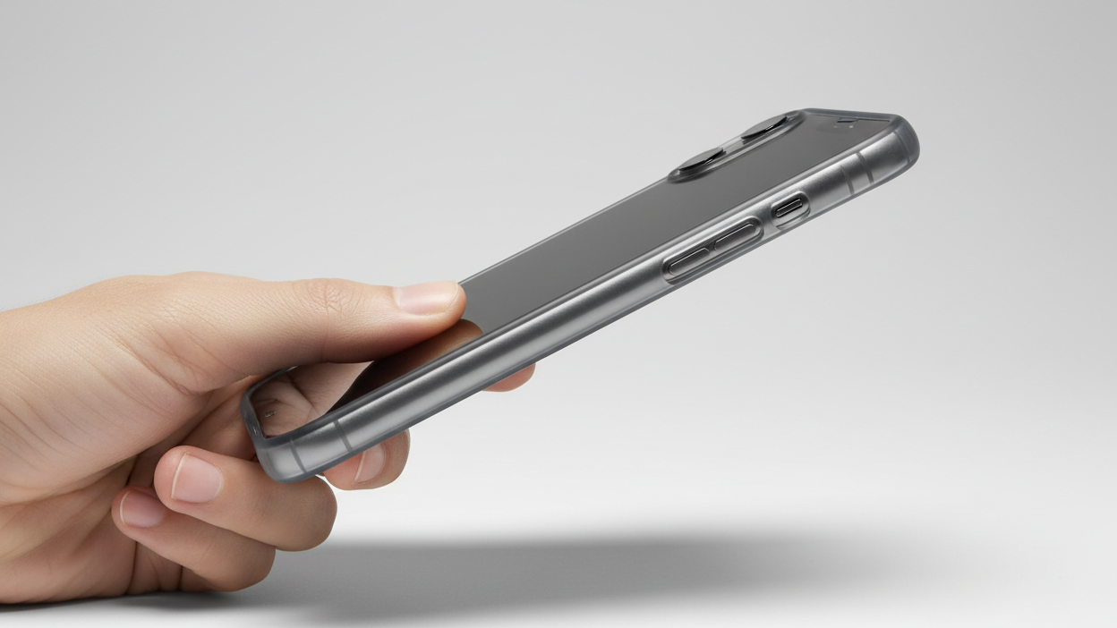 Side view of a smartphone with a slim protective case, minimal background, soft light, Apple-style product photography, premium look, 45 grdus tumb